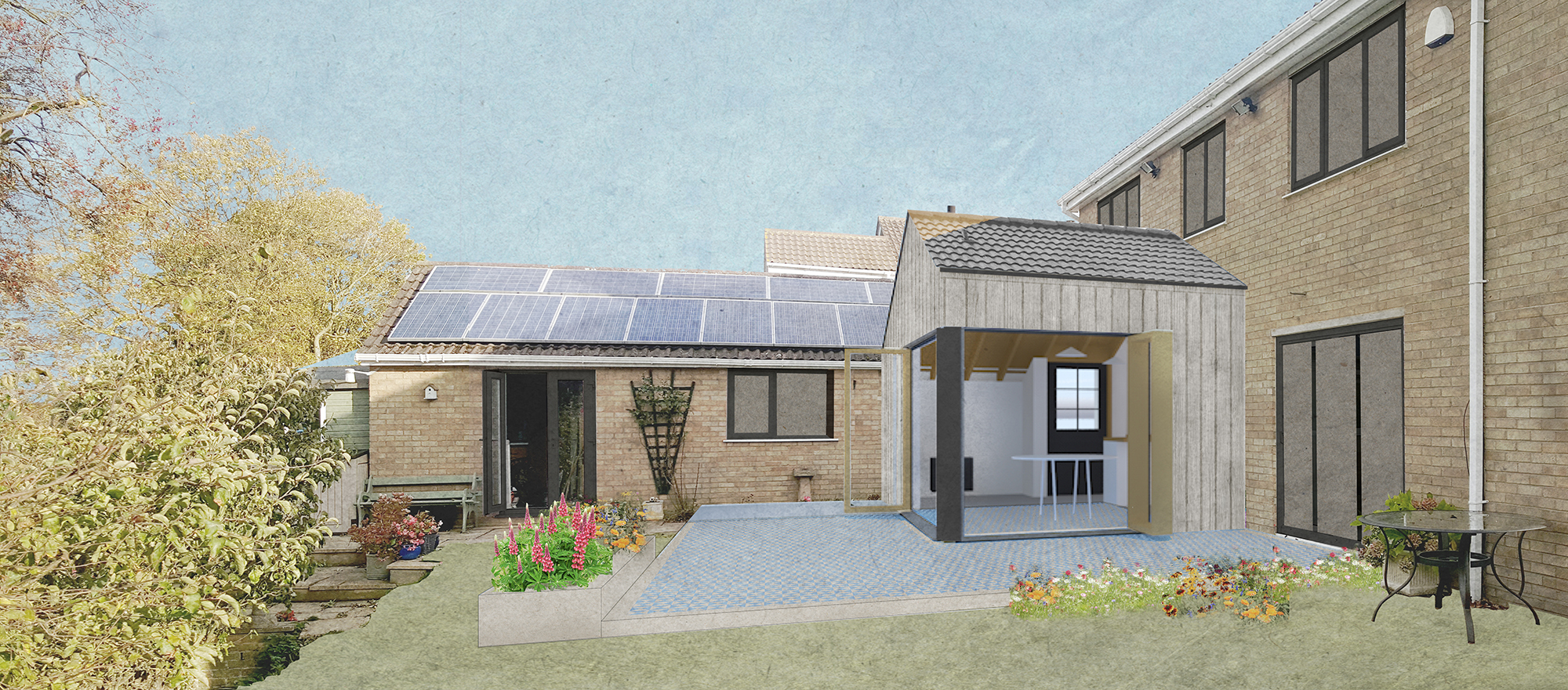 Rendered exterior perspective view of the extension.